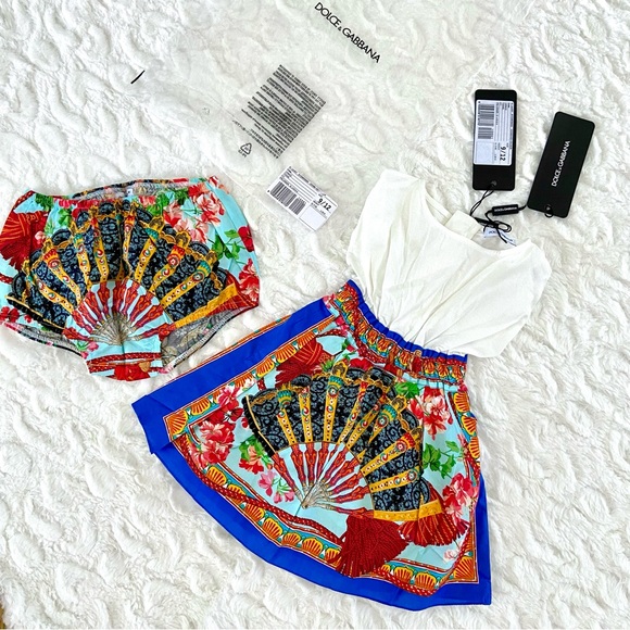 NWT Dolce & Gabbana Majolica Sicilian Folklore Fan Print Cotton Dress Se…